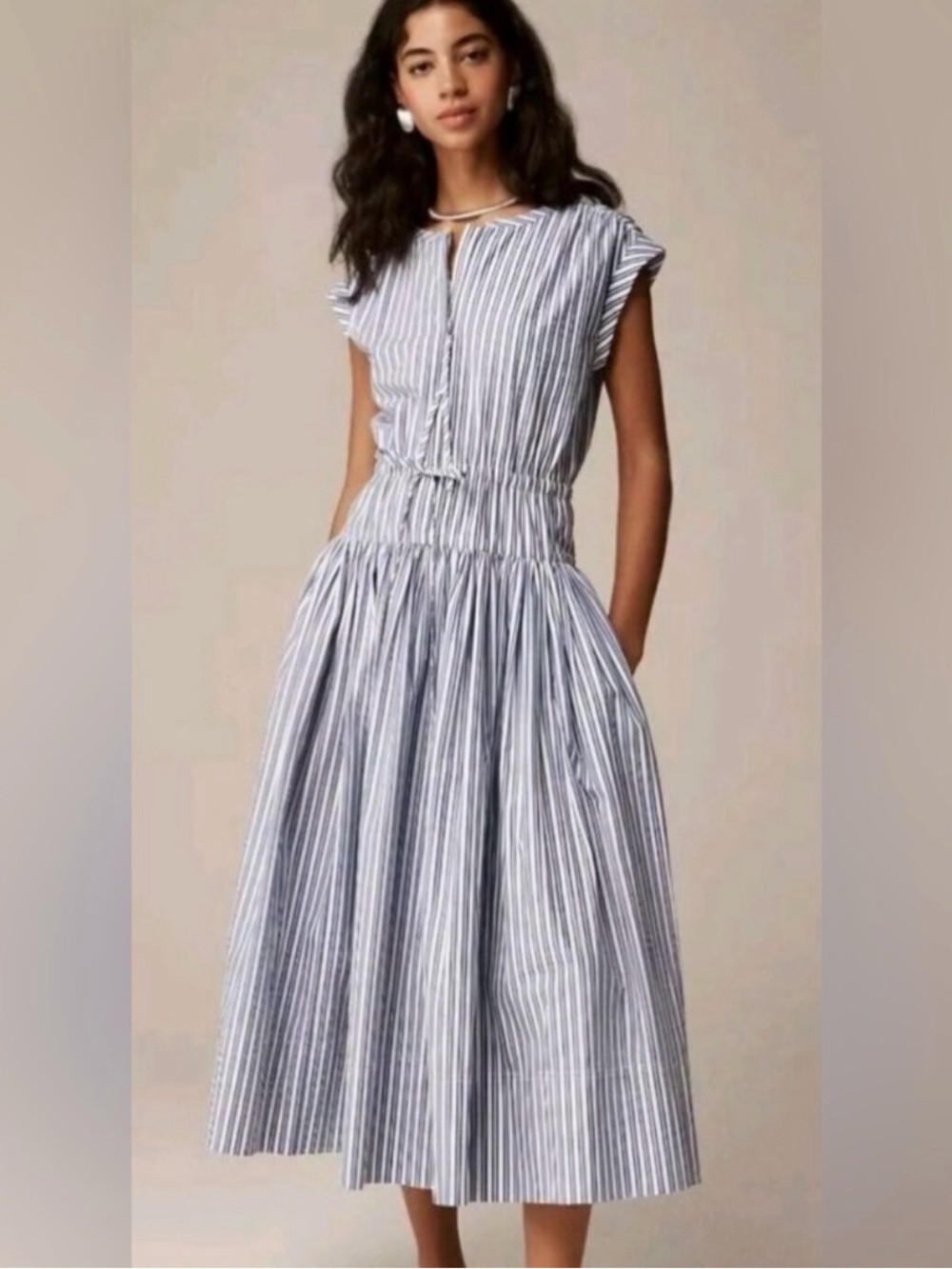 BNWT J. Crew Striped Blue & White Midi Dress with Gathered Waist - Picture 1 of 10